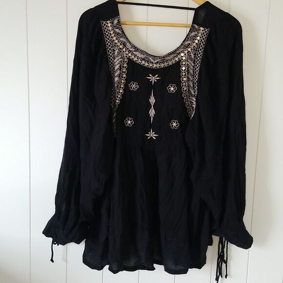 Anandas Collection Bali Birdie Peasant Top Embroidered Black Boho Hippie - Picture 1 of 9